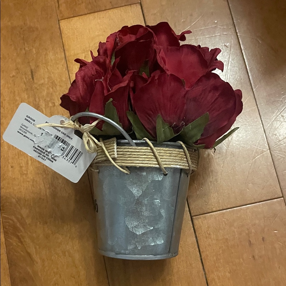 Red Floral Arrangement in Silver Tin